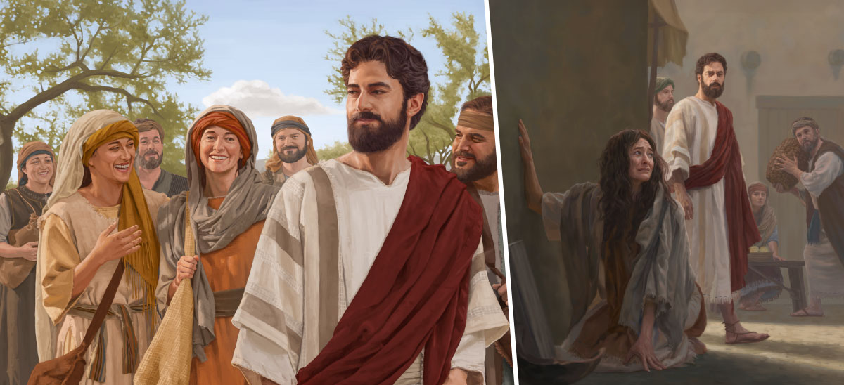 مجموعه‌ای از تصاویر:‏ ۱)‏ عیسی می‌بیند که مریم مَجدَلیّه با اضطراب زیاد در گوشه‌ای تاریک زانو زده است.‏ ۲)‏ مریم مَجدَلیّه عیسی و شاگردانش را با شادی همراهی می‌کند.‏