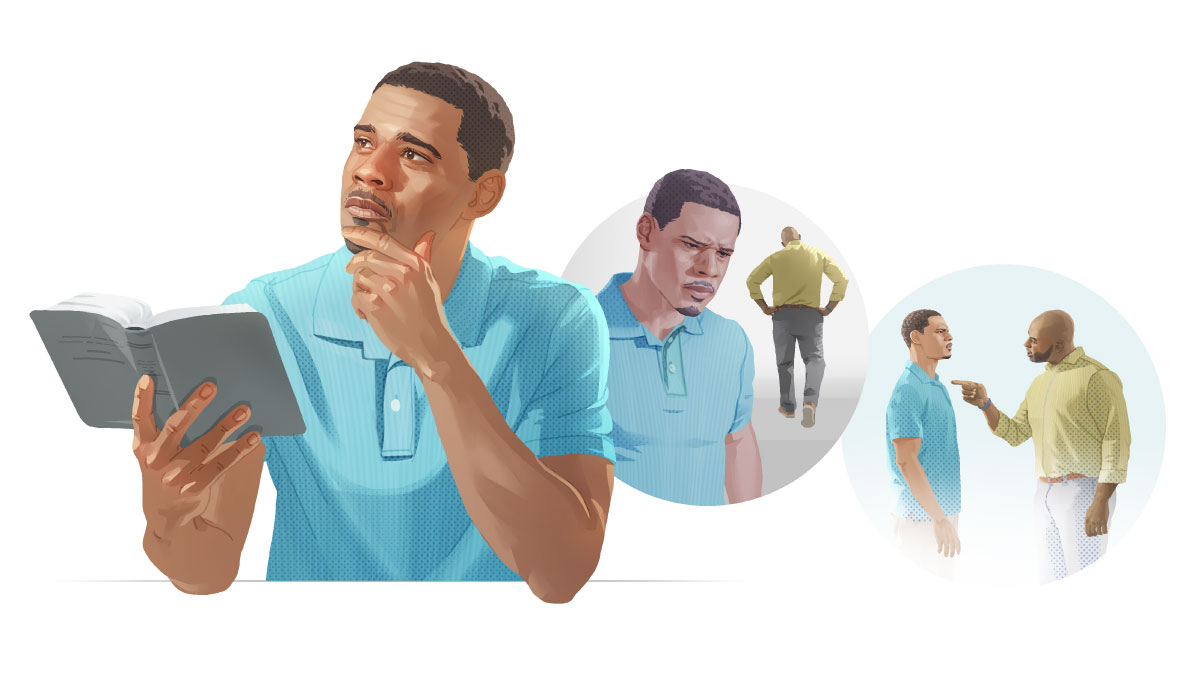 مجموعه‌ای از تصاویر:‏ یک برادر تصمیم می‌گیرد خطای برادری را نادیده بگیرد.‏ ۱)‏ آن برادر سرش داد می‌کشد.‏ ۲)‏ او به رفتار آن برادر فکر می‌کند.‏ ۳)‏ او کتاب مقدّس را می‌خواند و روی آن تعمّق می‌کند.‏