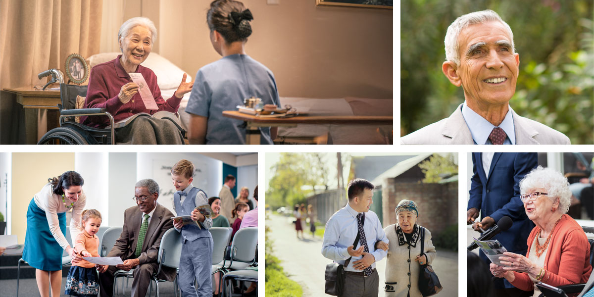 مجموعه‌ای از تصاویر:‏ برادران و خواهران سالمند از خدمت به یَهُوَه لذّت می‌برند.‏ ۱)‏ برادری با اطمینان به جلو نگاه می‌کند و لبخند می‌زند.‏ ۲)‏ خواهری که روی صندلی چرخدار نشسته است به یک پرستار تراکت می‌دهد.‏ ۳)‏ خواهری در جلسه جواب می‌دهد.‏ ۴)‏ خواهری سالمند دست یک برادر جوان را گرفته و با هم موعظه می‌کنند.‏ ۵)‏ برادری سالمند در سالن جماعت با یک مادر و دو فرزندش صحبت می‌کند.‏