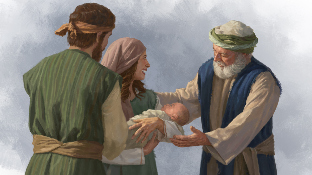 یوسِف و مریم با شادی عیسی را که تازه متولّد شده بود به شَمعون نشان می‌دهند.‏