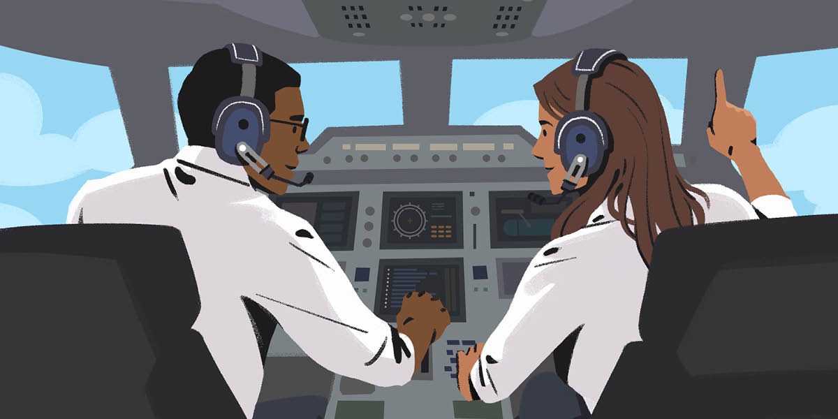 Deux conjoints travaillent comme pilote et copilote dans le cockpit d’un avion