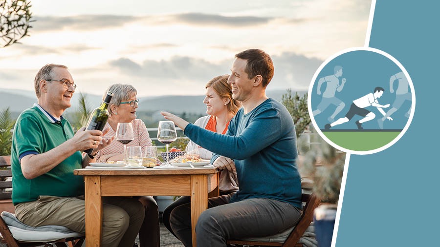 Un médaillon représentant un coureur qui trébuche ; à côté, un frère d’âge mûr propose à son invité, un jeune frère, de reprendre du vin. Le jeune frère refuse.