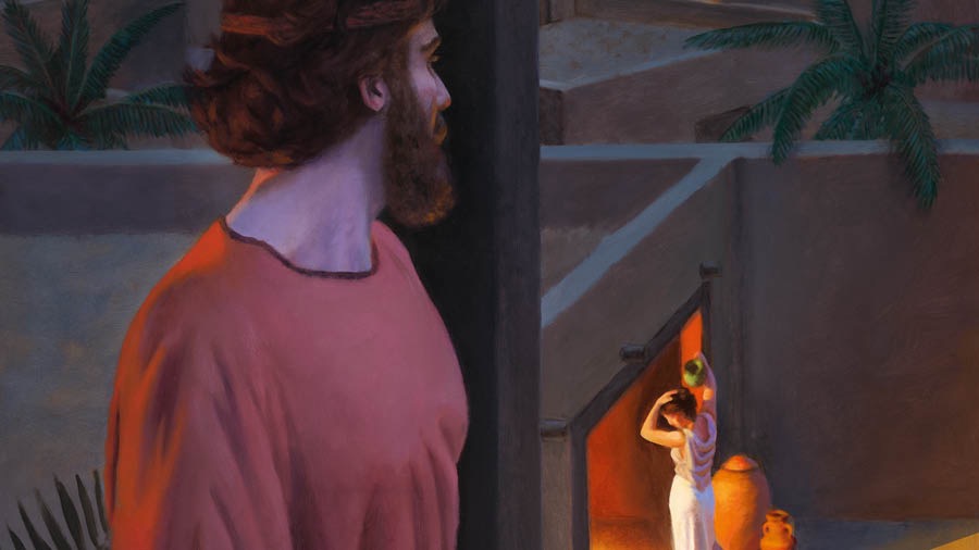 Depuis son toit en terrasse, le roi David regarde Bethsabée en train de prendre un bain.