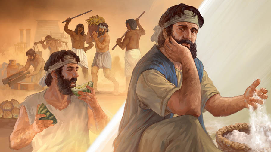 Ensemble d’illustrations : Tout en faisant glisser de la manne entre ses doigts, un Israélite se rappelle la vie qu’il menait en Égypte : 1) il se revoit en train de manger de la pastèque et 2) il revoit des Égyptiens battre et maltraiter des esclaves israélites.