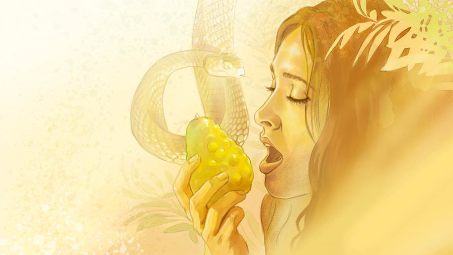 Le serpent observe Ève, qui est sur le point de manger le fruit défendu.