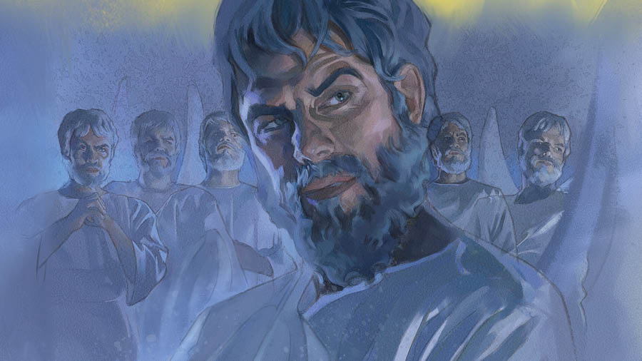 Satan dans le ciel, entouré d’anges méchants.