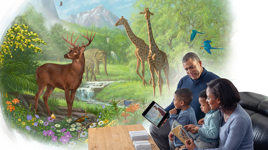 Des parents enseignent leurs deux fils. À l’un, ils montrent une vidée sur la rançon, et à l’autre, le livre « J’apprends en lisant la Bible ». La famille s’imagine dans le paradis entourée d’animaux.