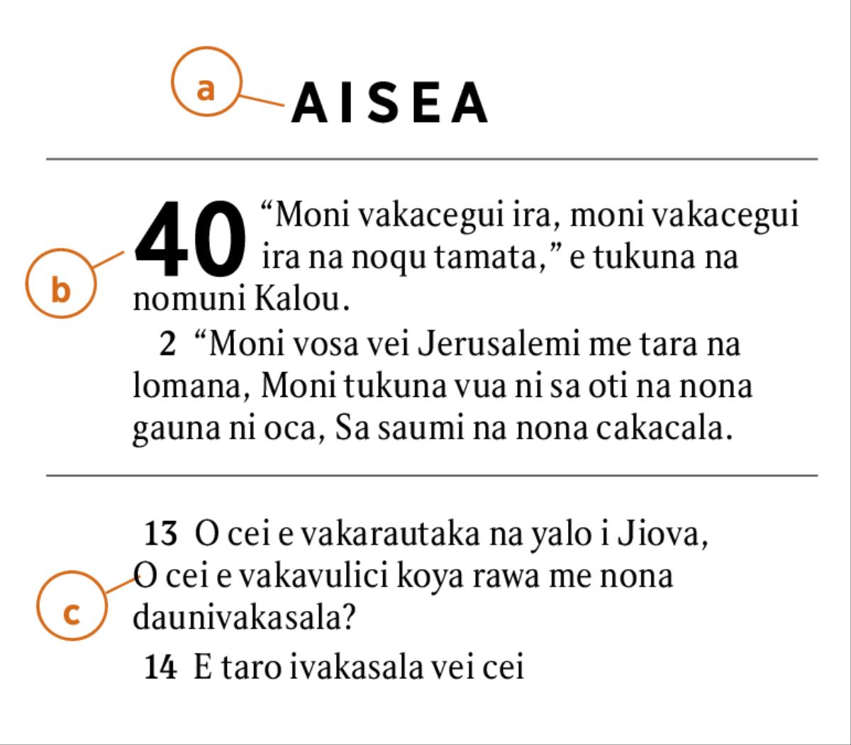E laurai e dua na ivola vakaivolatabu me dusia na a) vanua e kau mai kina, b) na wase, kei na c) tikina