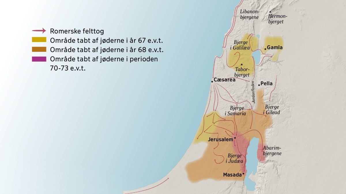 Et kort der viser nogle af Israels bjerge og byer i det første århundrede. Nord for Jerusalem ligger Libanonbjergene, bjergene i Galilæa, Samaria og Gilead, Hermonbjerget og Taborbjerget. Byerne nord for Jerusalem er Gamla, Cæsarea og Pella. Syd for Jerusalem ligger bjergene i Judæa, Abarimbjergene og byen Masada. På kortet kan man også se hvilke ruter de romerske felttog fulgte, og hvilke områder jøderne mistede i perioden 67 e.v.t. til 73 e.v.t.