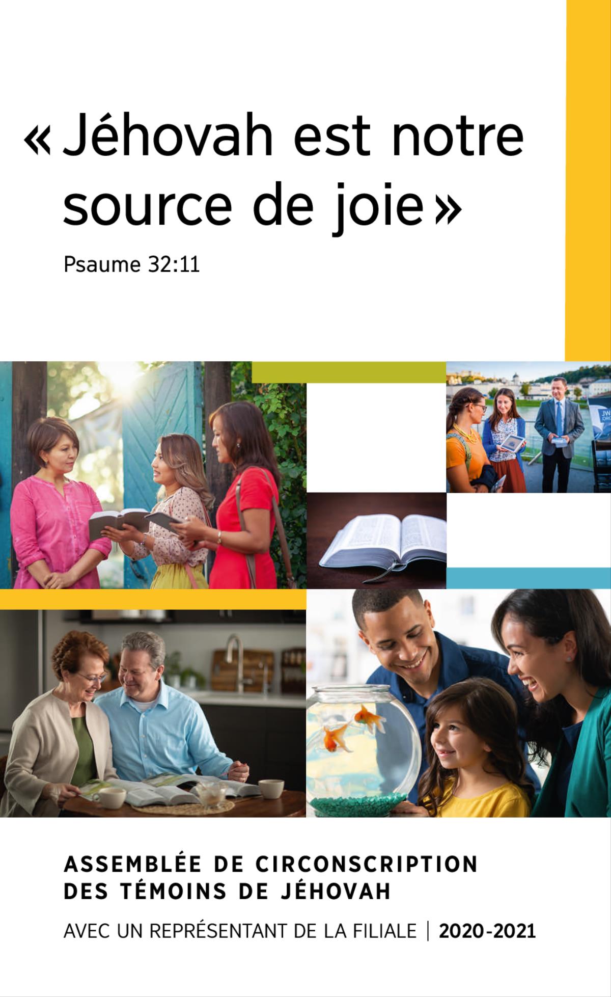 Collage : 1. Des parents et leur petite fille sourient en regardant des poissons rouges dans un bocal. 2. Deux Témoins de Jéhovah parlent d’un verset de la Bible à une dame devant chez elle. 3. Un mari et sa femme étudient la Bible grâce à des manuels bibliques. 4. Une bible ouverte. 5. Un mari et sa femme montrent une vidéo basée sur la Bible à une dame sur une voie piétonne.