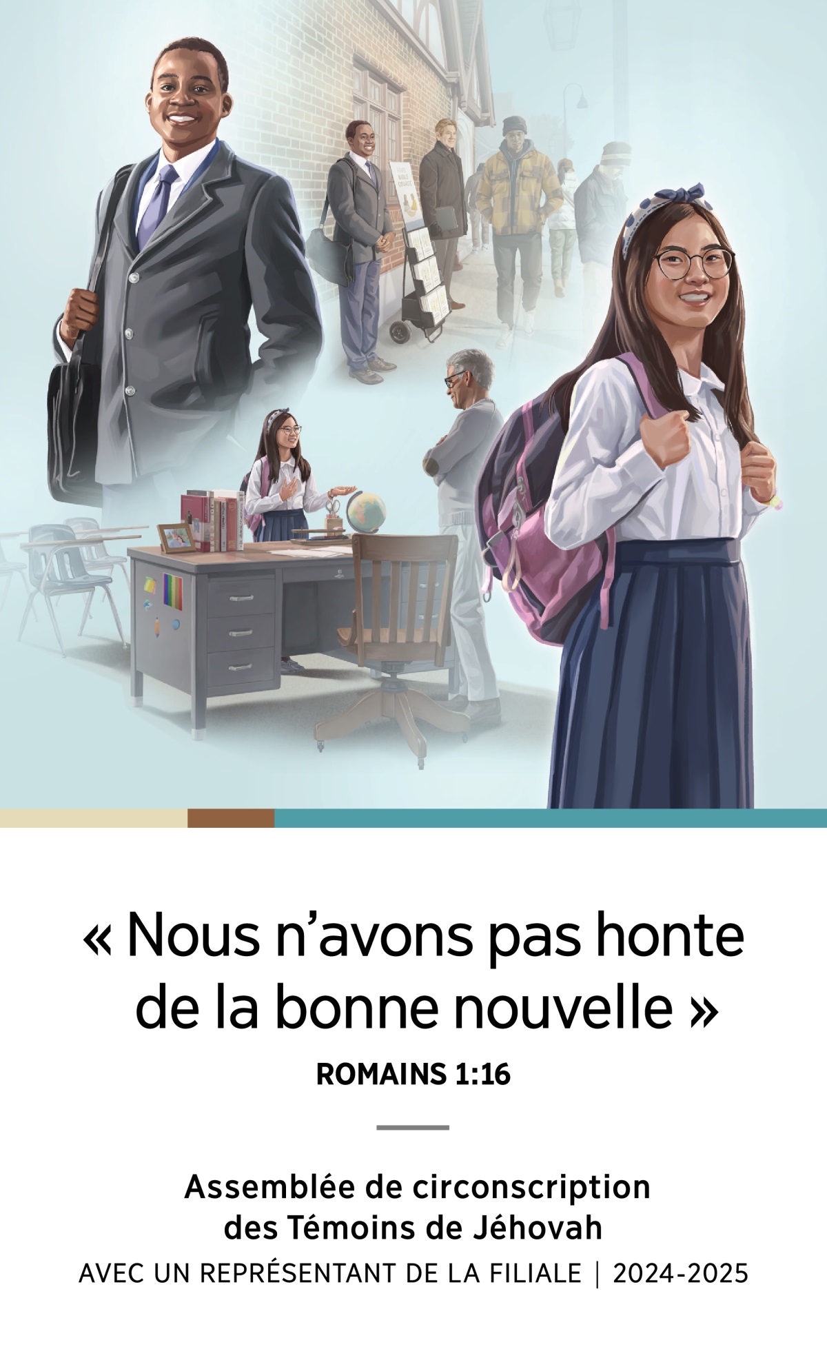 Ensemble d’illustrations : 1. Un jeune frère souriant prêche à l’aide d’un présentoir mobile avec un autre frère. 2. Un portrait du jeune frère qui sourit, l’air confiant. 3. Une jeune sœur souriante donne le témoignage à un professeur. 4. Un portrait de la jeune sœur qui sourit, l’air confiant.