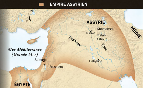 1. Taureau ailé assyrien ; 2. Une carte de l’empire assyrien