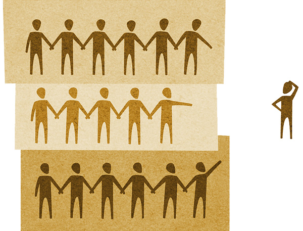 Trois groupes de personnes organisés tendant la main à une personne seule