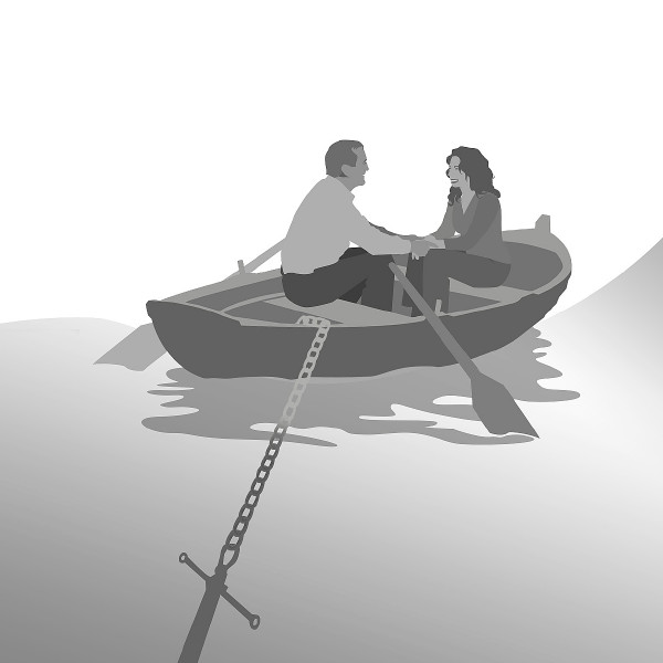 Un couple assis dans une barque solidement ancrée
