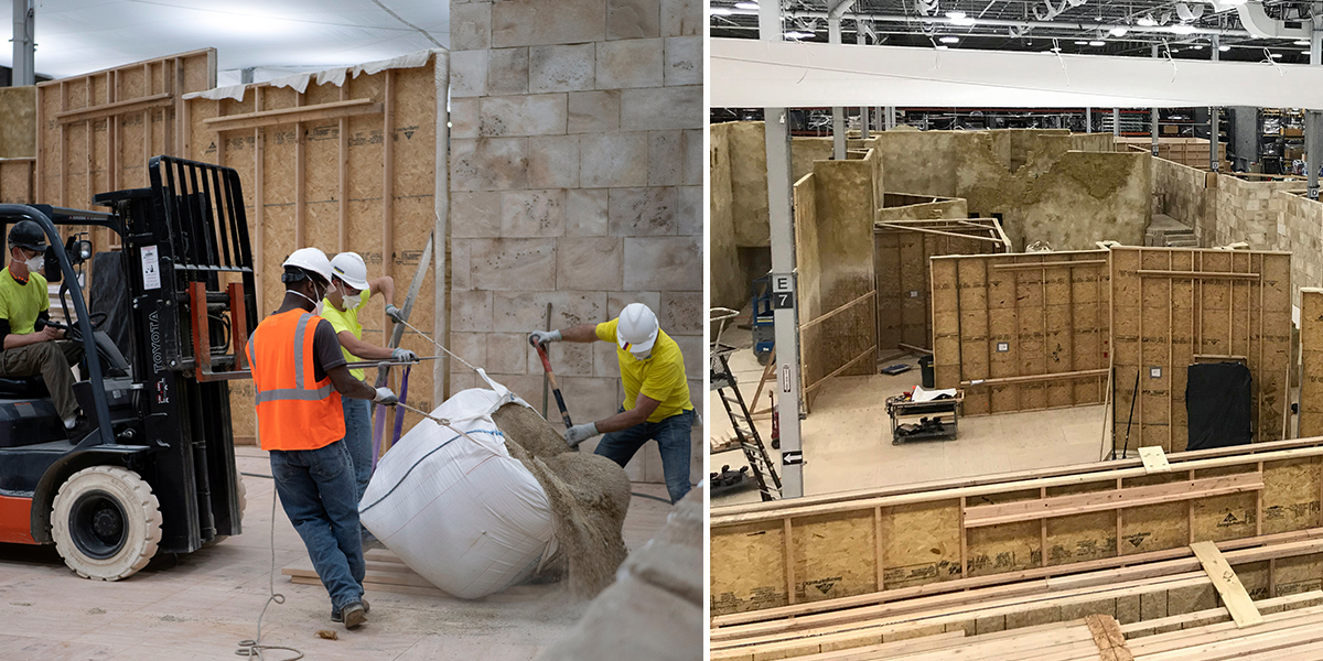 Photos : Construction d’un décor pour le tournage d’un film. 1) Des frères déchargent du gravier fin pour reproduire le sol de l’époque. 2) Des structures en bois sont recouvertes d’une finition qui imite la pierre.