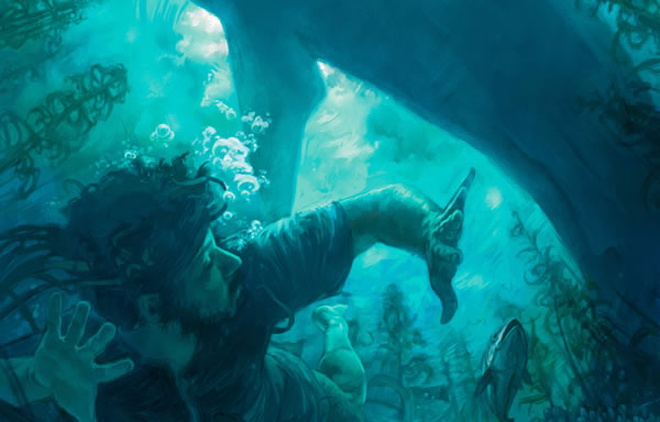 Yona coule ; un grand poisson tourne autour de lui