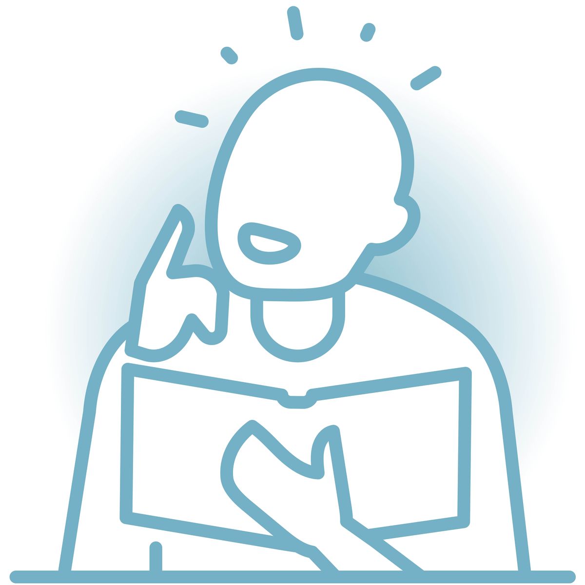 Pictogramme représentant une personne à qui vient une idée au cours de sa lecture de la Bible.