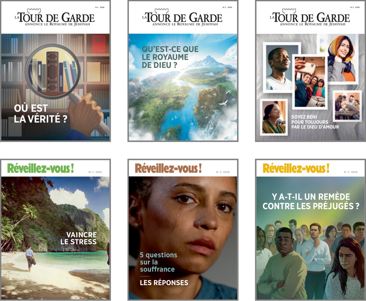 Série d’images : sujets de couverture de « La Tour de Garde » et de « Réveillez-vous ! » en 2020. 1) « Où est la vérité ? » 2) « Qu’est-ce que le Royaume de Dieu? » 3) « Soyez bénis pour toujours par le Dieu d’amour. » 4) « Vaincre le stress. » 5) « 5 questions sur la souffrance : les réponses. » 6) « Y a-t-il un remède contre les préjugés ? »