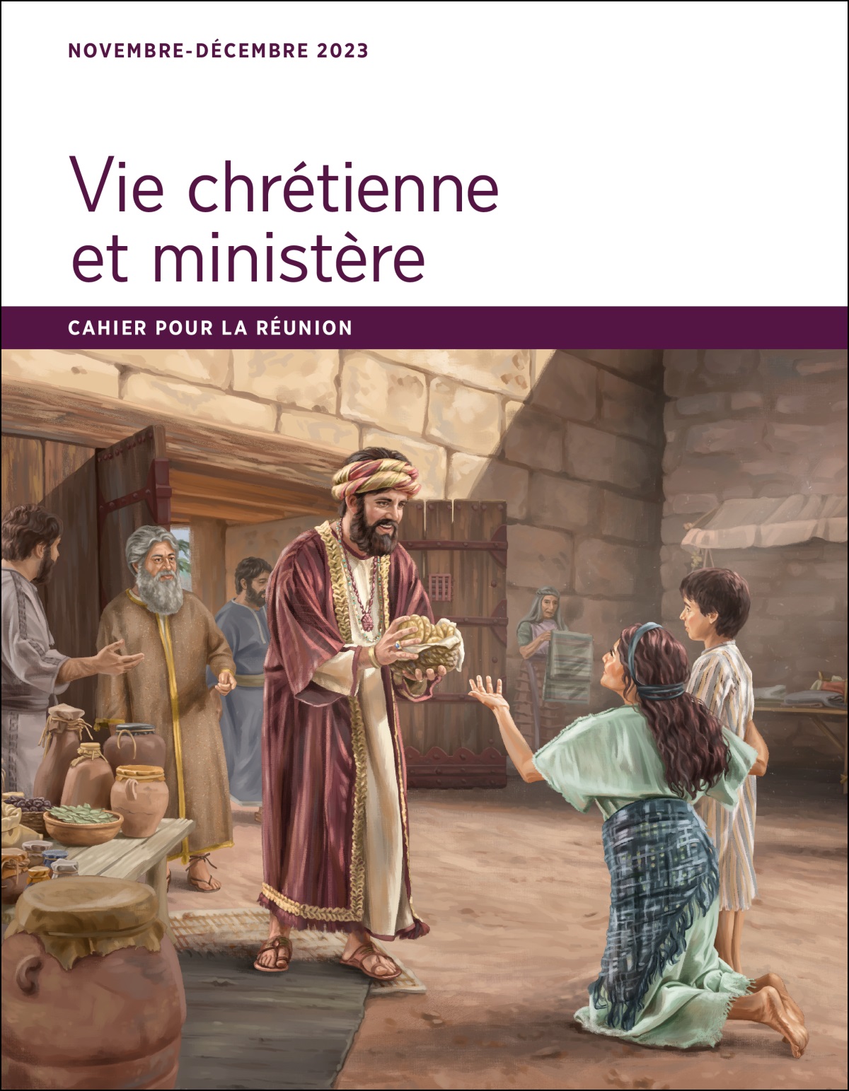 À la porte de la ville, Job donne de la nourriture à une femme pauvre et à son fils.