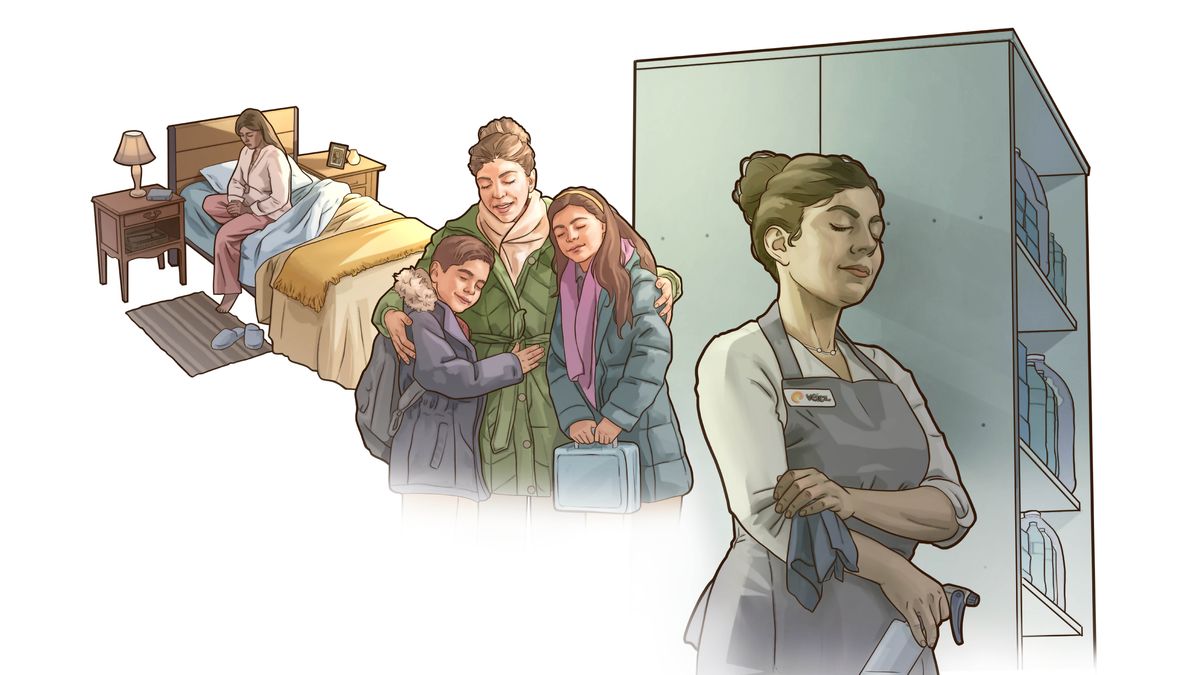 Ensemble d’illustrations : Une sœur prie au fil de sa journée. 1. Le matin, au réveil. 2. Avec ses enfants, avant qu’ils partent à l’école. 3. Sur son lieu de travail.