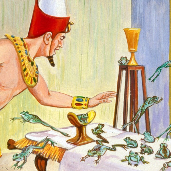 Durant la deuxième plaie, Pharaon agite sa main pour chasser les grenouilles de son lit