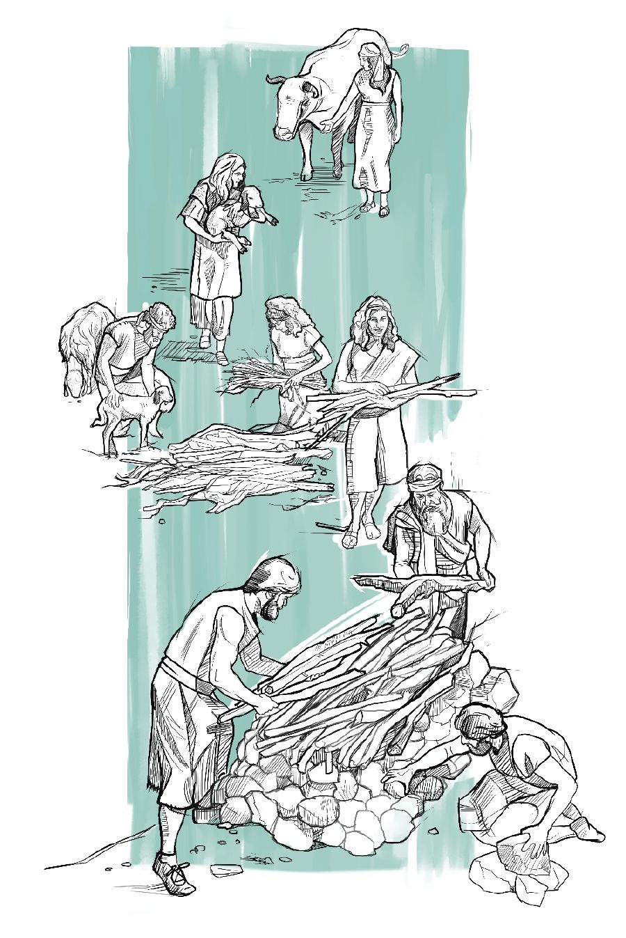 Noé et sa famille rassemblent des animaux et construisent un autel pour offrir des sacrifices.