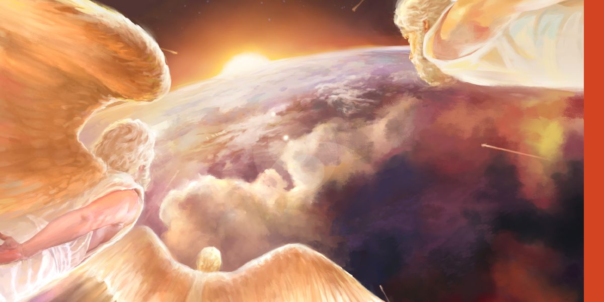 Des anges volent vers la terre.