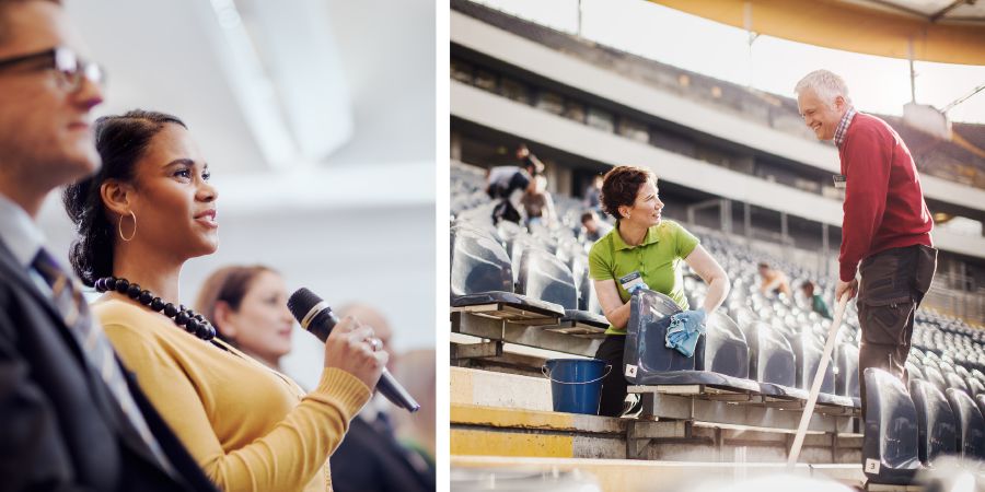 Montage : Le service sacré. 1. Lors d’une réunion, une sœur donne une réponse. 2. Des frères et sœurs nettoient un stade avant une assemblée régionale.