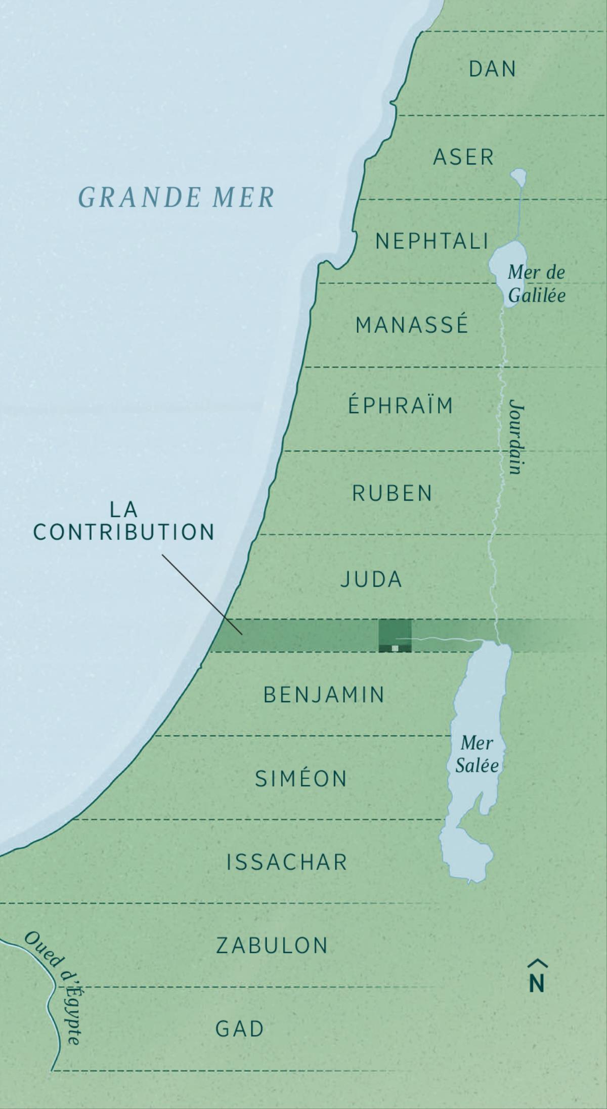 Carte indiquant les frontières des territoires attribués aux exilés lors de leur retour dans le pays, comme Ézéchiel l’avait annoncé. Les territoires ont la même largeur. Du nord au sud, on trouve : Dan, Aser, Nephtali, Manassé, Éphraïm, Ruben, Juda, la contribution, Benjamin, Siméon, Issachar, Zabulon et Gad.