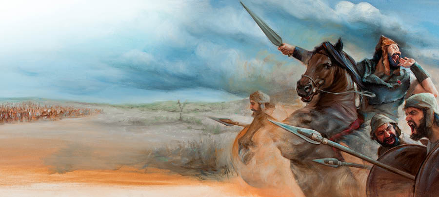 Le roi Asa, monté sur son cheval, est sur un champ de bataille. Avec ses soldats, il va affronter l’immense armée éthiopienne.