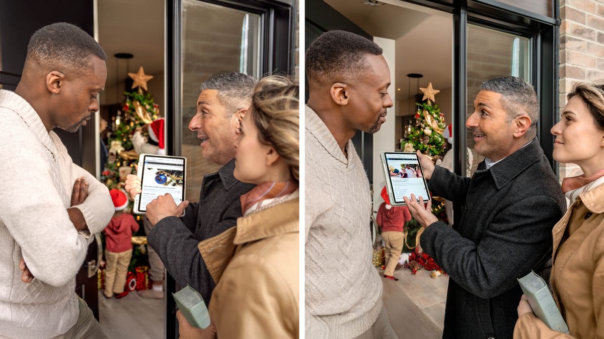 Ensemble d’illustrations : Un couple prêche de deux façons différentes à un homme sur le pas de sa porte alors que, dans sa maison, sa famille décore un arbre de Noël. 1) Le couple montre à l’homme l’article « Que dit la Bible sur Noël ? », que l’on trouve sur jw.org. L’homme les écoute, les bras croisés et le regard froid. 2) Le couple montre à l’homme l’article « Comment être un bon papa », que l’on trouve sur jw.org. L’homme les écoute en souriant.