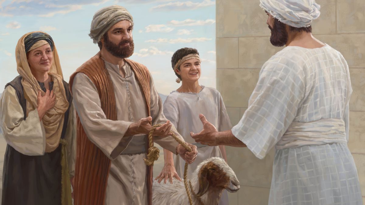 Au Temple, une famille israélite donne avec joie un mouton à un prêtre.