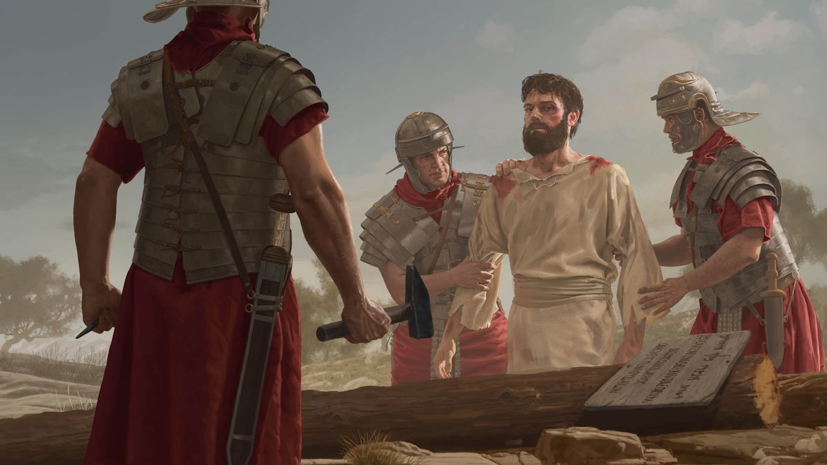 Des soldats romains s’apprêtent à clouer Jésus à un poteau de supplice. Deux d’entre eux font approcher Jésus du poteau tandis qu’un autre tient dans les mains un marteau et un clou.
