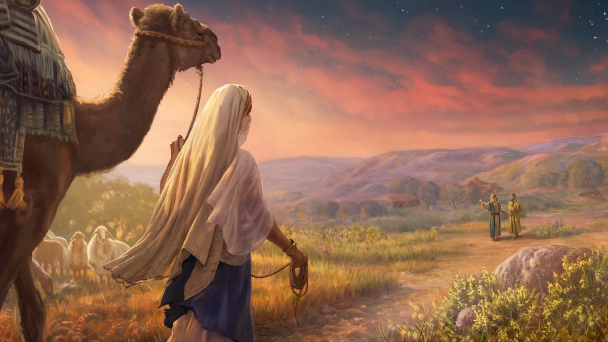 Rébecca, couverte d’un voile, marche à la rencontre d’Isaac en tenant un chameau par la bride. Au loin, Isaac discute avec Éliézèr.