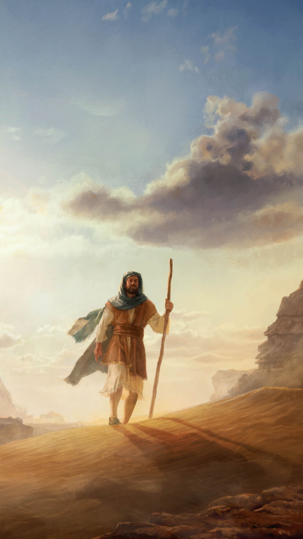 Un homme des temps bibliques marche seul dans un paysage désertique.