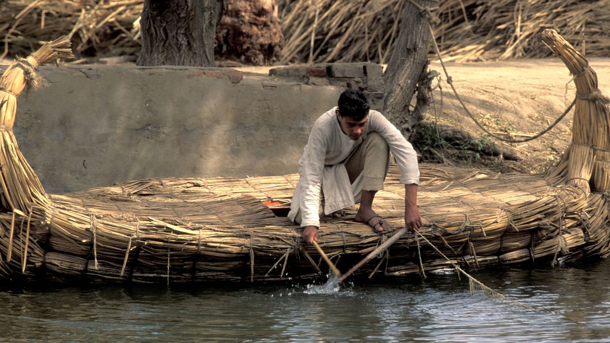 Photo d’un Égyptien en train de fabriquer une embarcation avec des tiges de papyrus.