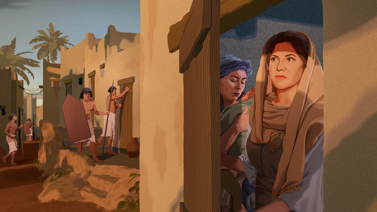 Derrière une porte entrouverte, deux sages-femmes surveillent ce qui se passe dans la rue. L’une d’elles tient un bébé qui vient de naître. Dehors, deux soldats égyptiens frappent aux portes des maisons.