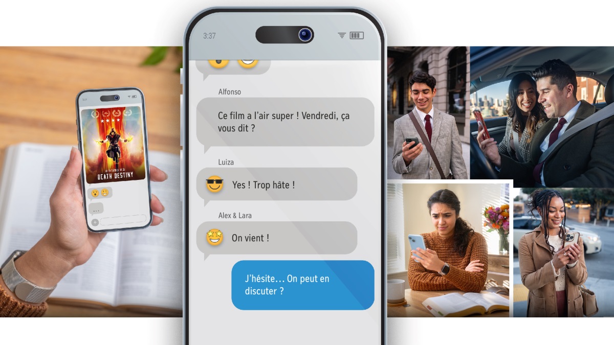 Ensemble d’illustrations : 1. Une sœur tient à la main un smartphone montrant l’affiche d’un film sur le point de sortir. Il s’intitule « Death Destiny », qu’on pourrait traduire par « Destinée mortelle ». Sur l’affiche, on voit un être inquiétant surgir des flammes. Sur la table devant la sœur, il y a une bible ouverte. 2. Série de textos sur son téléphone : « Ce film a l’air super ! Vendredi, ça vous dit ? », « Yes ! Trop hâte ! » et « On vient ! » La sœur écrit : « J’hésite… On peut en discuter ? » 3. Un jeune frère, un couple et une jeune sœur découvrent avec enthousiasme l’invitation à aller voir le film. La sœur du début la regarde d’un œil inquiet et réticent.