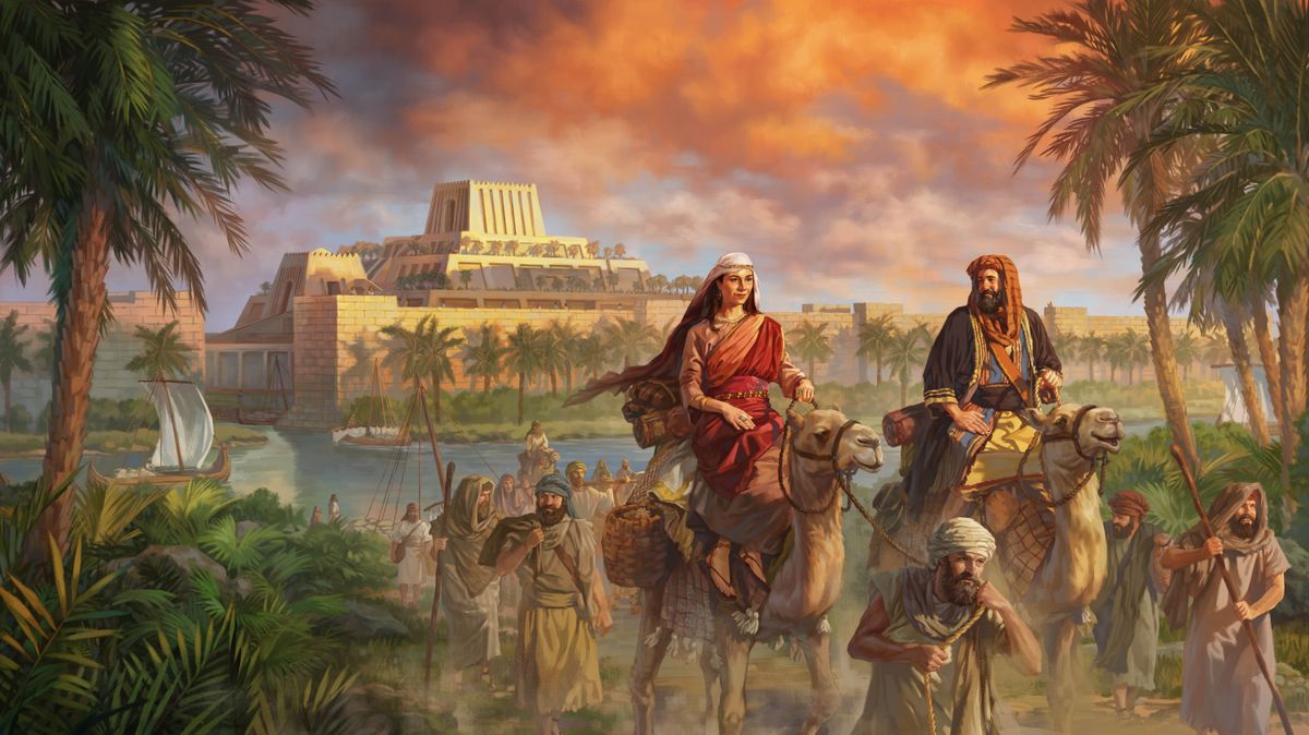 Sara et Abraham quittent Our. Ils voyagent à dos de chameau, accompagnés de membres de leur famille et de nombreux serviteurs.