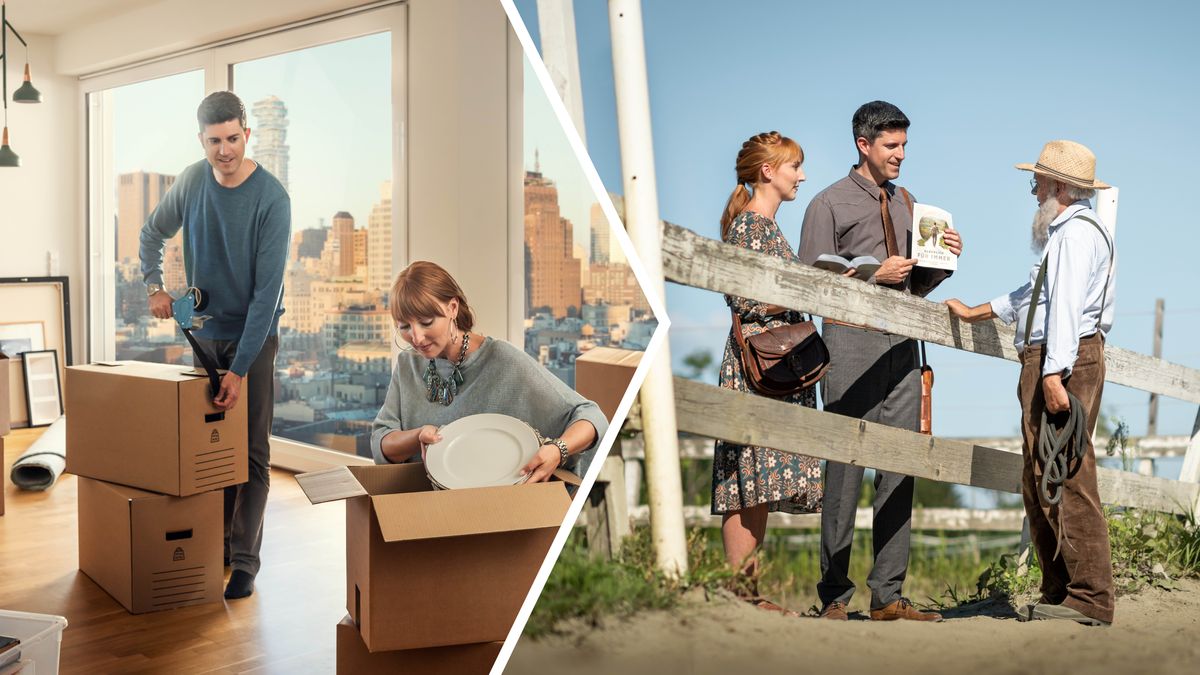 Ensemble d’illustrations : 1. Un jeune couple emballe joyeusement ses affaires dans des cartons et quitte un appartement confortable situé dans un gratte-ciel en centre-ville. 2. Le couple prêche joyeusement à un fermier dans un territoire rural.