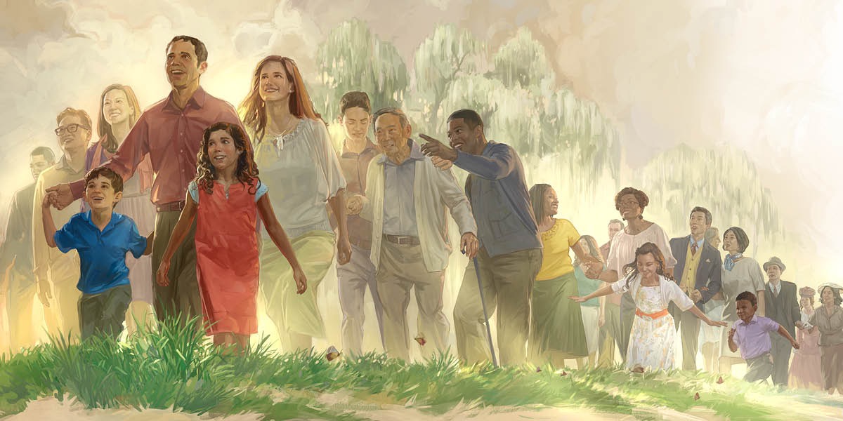 Des gens de toutes races et de tous âges en marche vers le monde nouveau