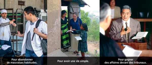1. Un homme refuse une cigarette ; 2. Une chrétienne prêche dans un pays étranger ; 3. Un chrétien dans un tribunal