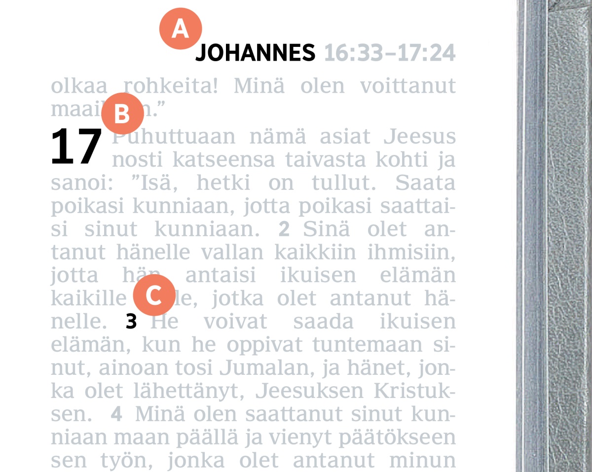 Kirjaimilla A, B ja C merkityt kohdat Raamatun sivulla.