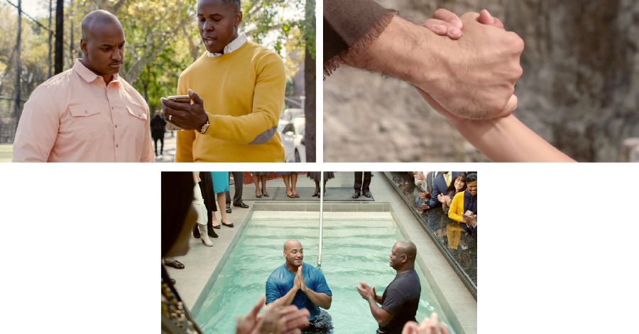 Vanhin puhuu miehelle, joka antaa pelkojensa estää häntä vihkiytymästä ja menemästä kasteelle; Raamatun aikojen mies ojentaa oikean kätensä poikansa avuksi; mies kastetaan