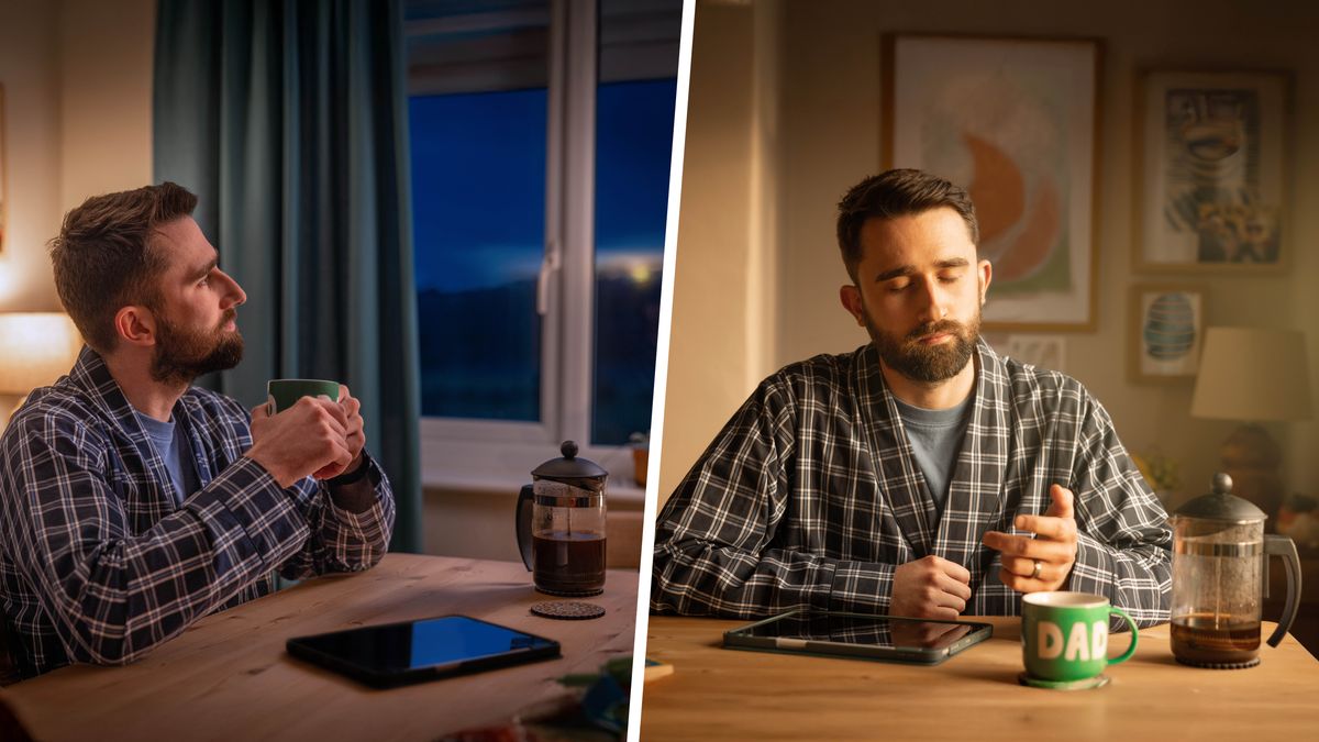 Kuvat: 1. Veli mietiskelee pöydän ääressä ennen auringonnousua kahvikuppi kädessään. Pöydällä on Raamattu auki. 2. Aurinko on noussut, ja veli istuu edelleen pöydän ääressä ja rukoilee.