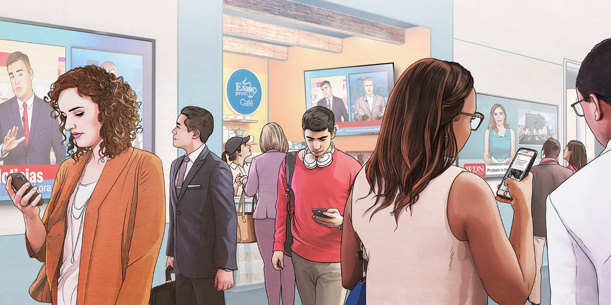 Dans un grand espace public, des hommes et des femmes regardent les nouvelles sur leur smartphone et sur des écrans de télévision géants.