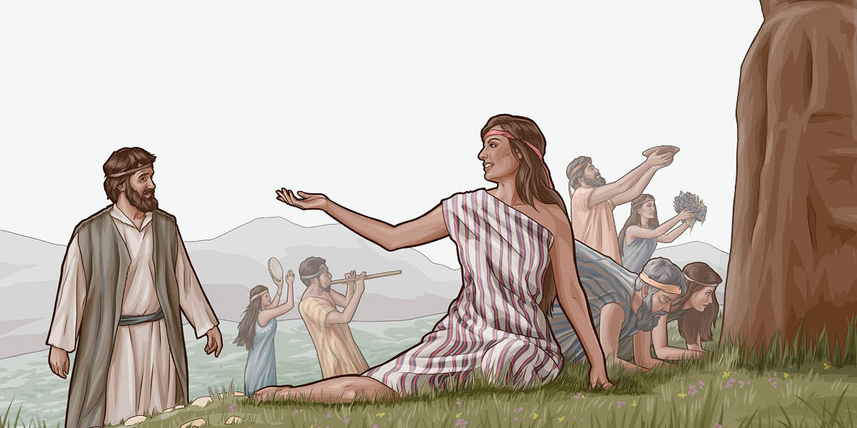 Une Cananéenne invite un Israélite à se prosterner avec elle devant une idole. Autour d’eux, d’autres personnes s’adonnent à différentes pratiques idolâtriques.