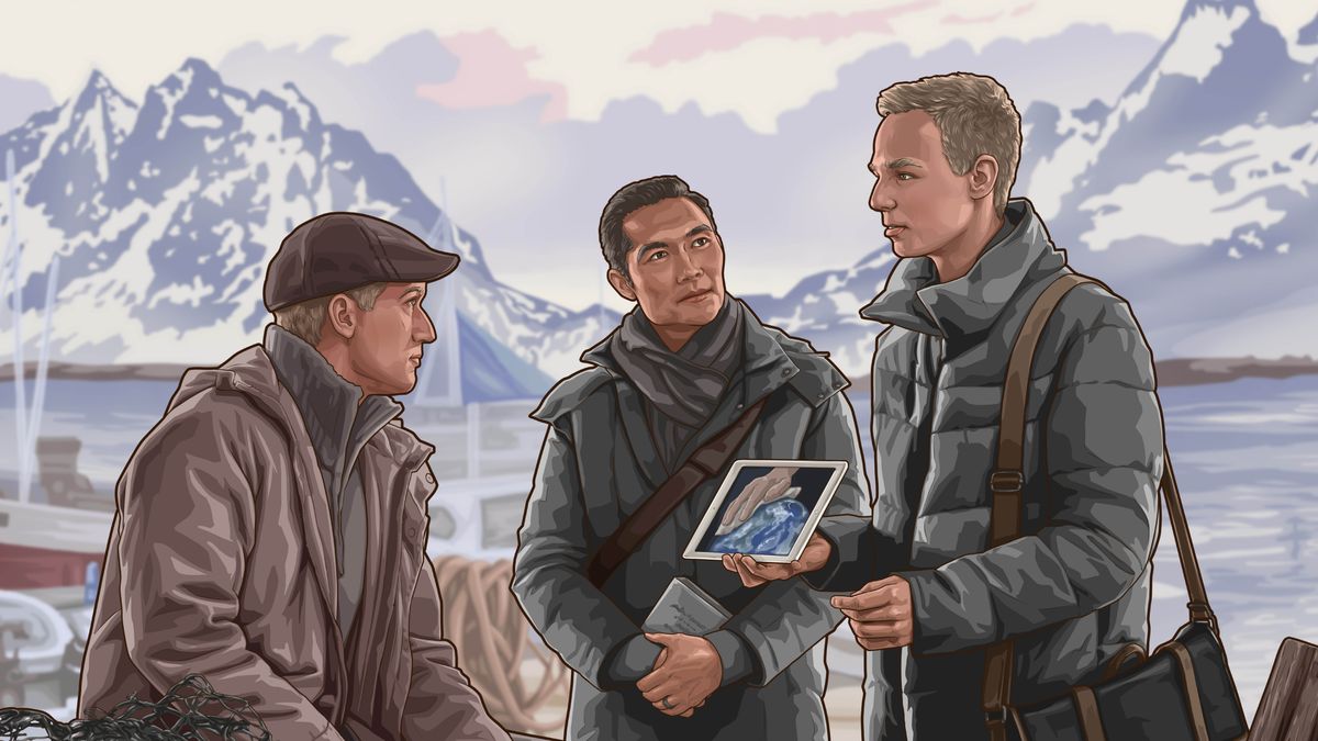 Illustration inspirée de la vidéo « Soutenez fidèlement le “Prince de paix” ». À un port de pêche, deux frères prêchent à un homme.