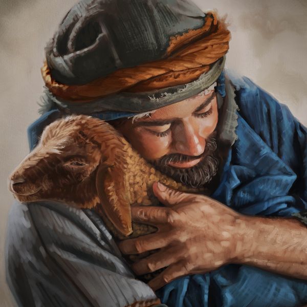 Un berger cajole tendrement contre lui son agneau.