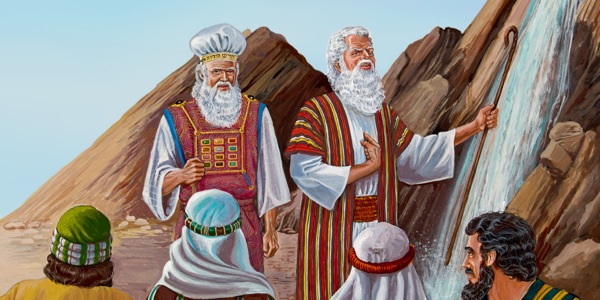De l’eau qui sort du rocher ; Moïse et Aaron s’en attribuent le mérite